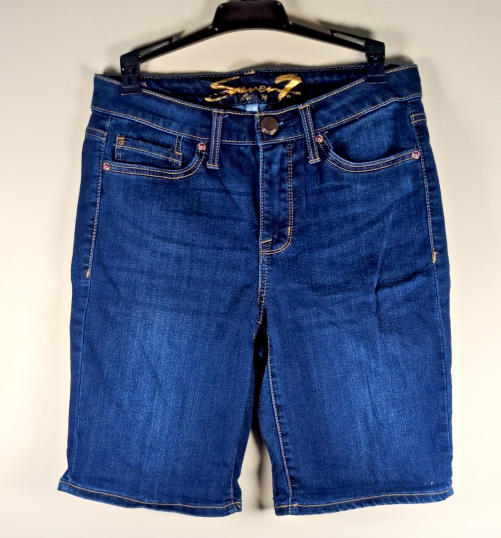 Seven7 Denim Shorts Womens 6 Blue Sunset Bermuda Dar Wash Jean Stretch 5-Pocket